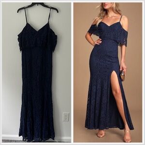 Lulus Caterina Navy Blue Floral Off The Shoulder Slit Maxi Dress Medium